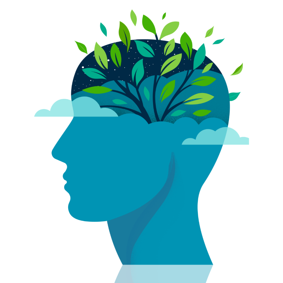 graphic image of silhouette head with leaves and clouds symbolising mental wellbeing