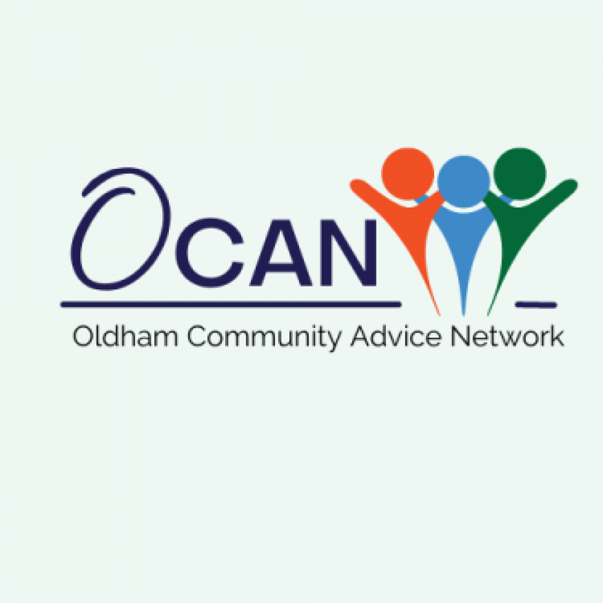 Blue OCAN logo with orange, blue and green figures cheering