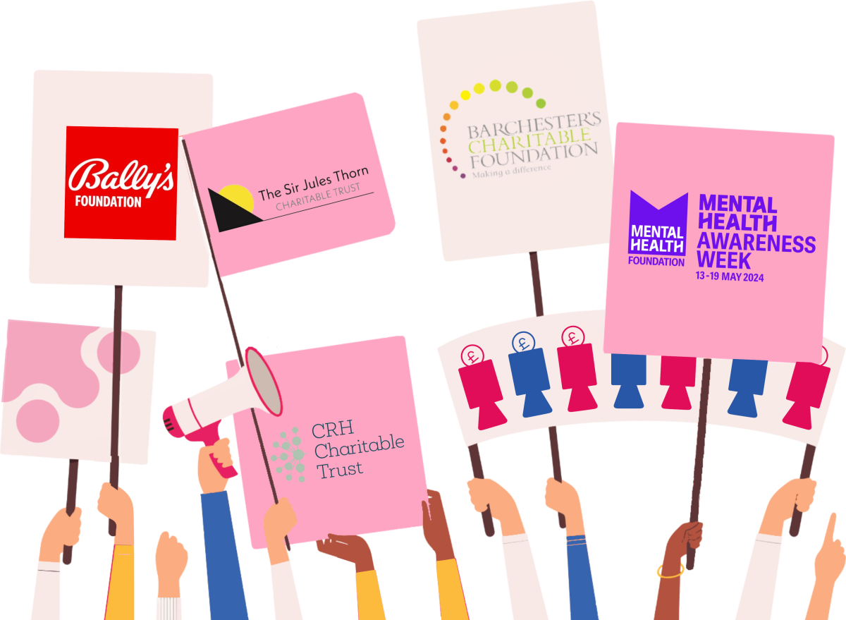 graphic illustration of hands holding flag banners in the air with various logos