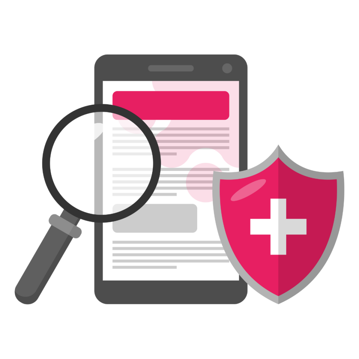 graphic icon of magnifying glass, ipad and shield with white health cross in centre