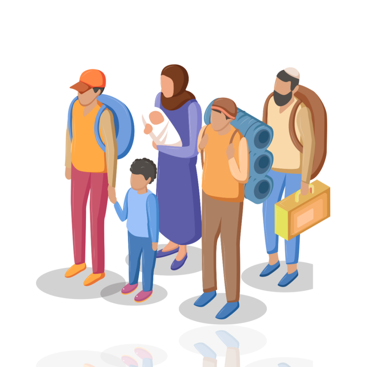 graphic icon of group of people with luggage symbolising refugees