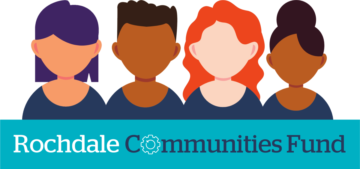 graphic of four people icons behind desk saying rochdale communities fund