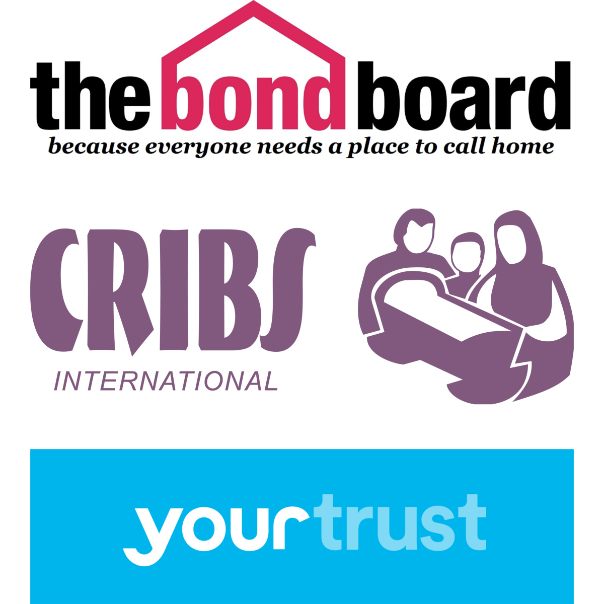 logos for The Bond Board, CRIBS International and Your Trust Rochdale